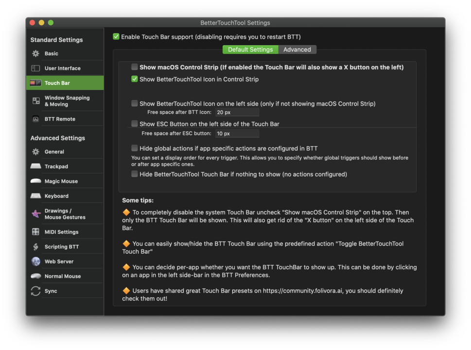 『BetterTouchTool』「タッチバーの設定」をクリック