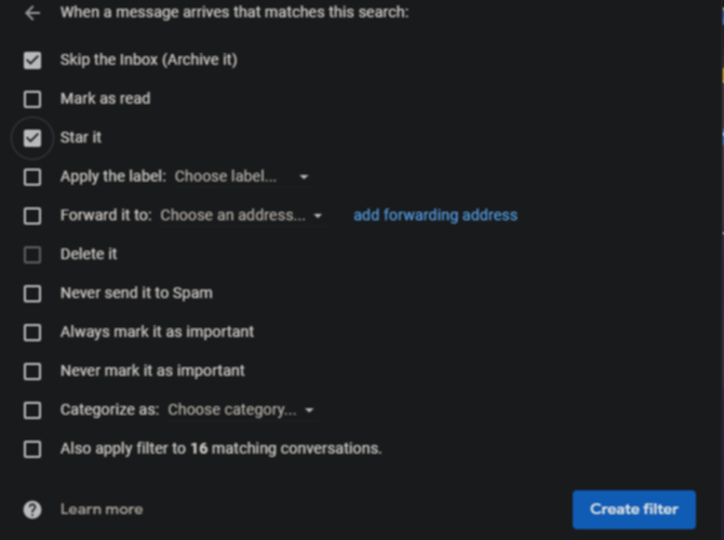 Gmailのフィルタの設定画面