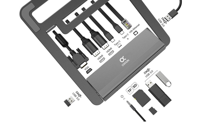 薄型PCスタンドで13ポートを持つドッキングステーション「13 in 1 STATION α」