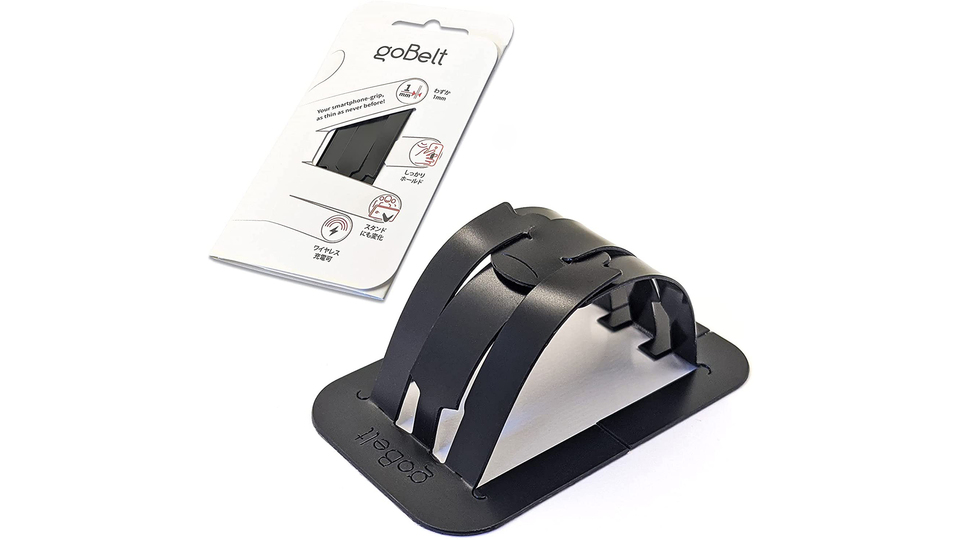 大画面でも持ちやすくスタンドにもなる。約1mm厚の極薄仕様スマホリング「goBelt」