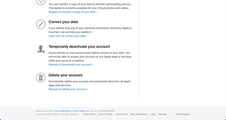 Appleデータプライバシー削除画面