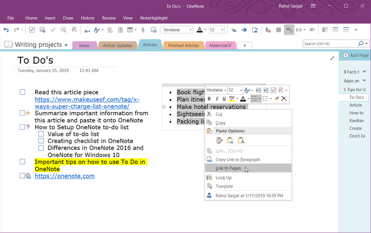 link onenote to todo