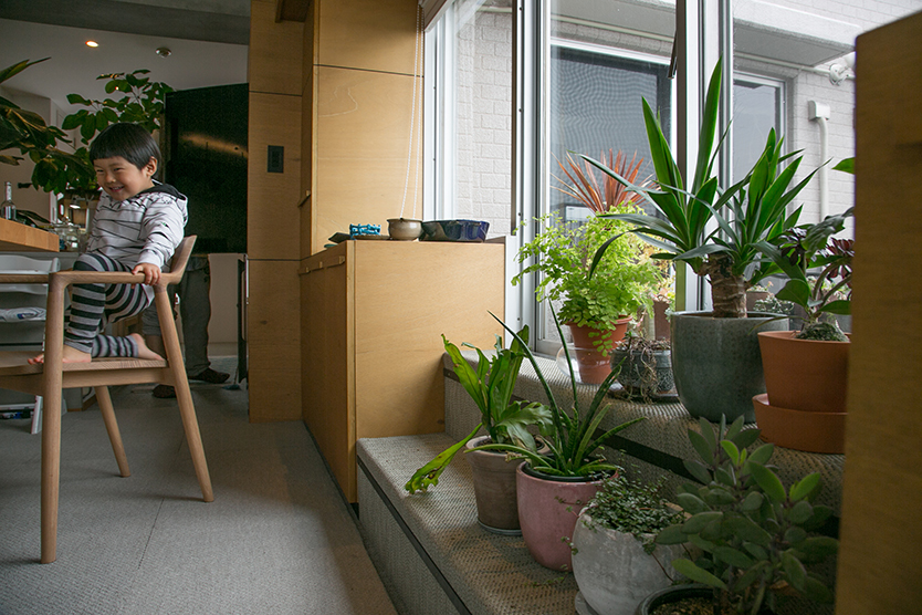 植物をたくさん飾る、ルコニーに上がる階段