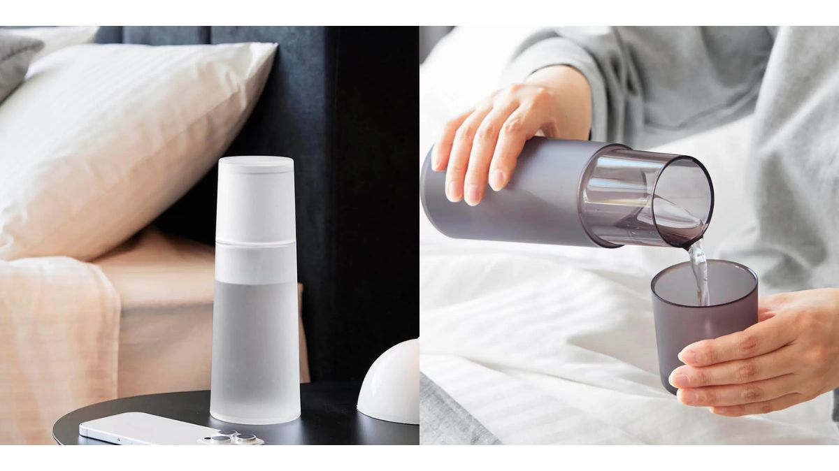 就寝時の水分補給、山崎実業の「コップ一体型でホコリガード」カラフェ
