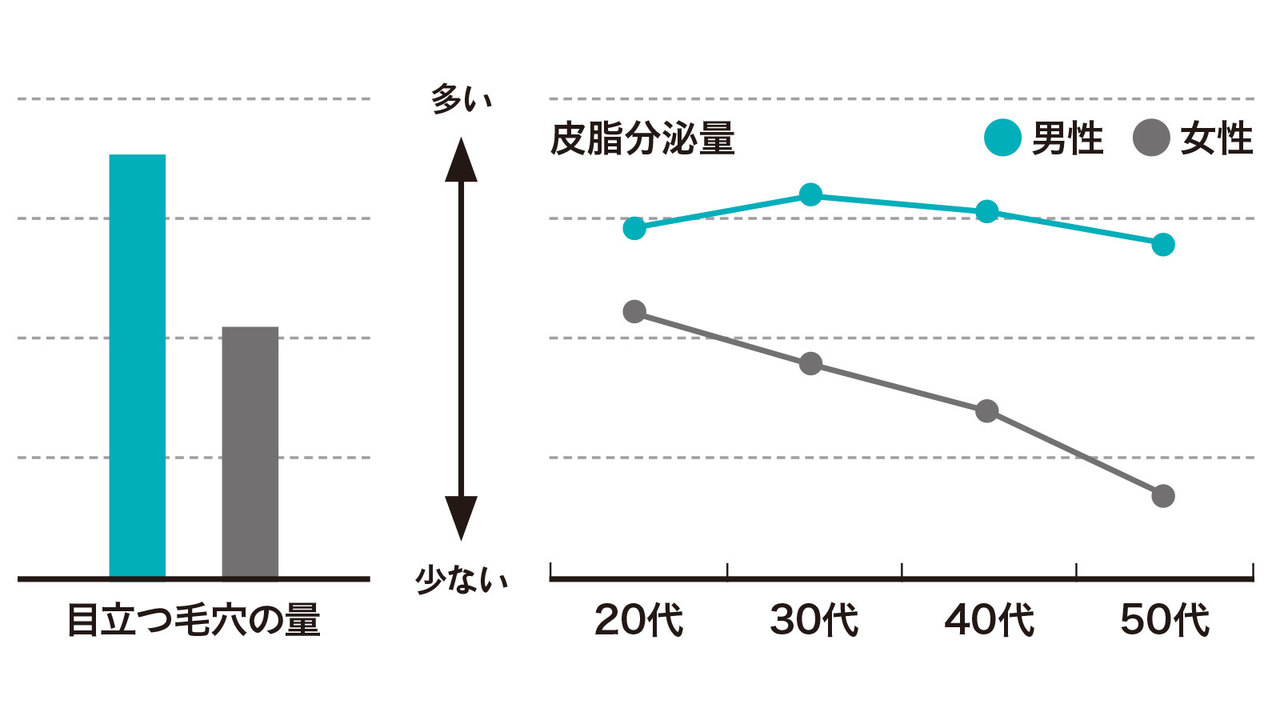 男性と女性の肌で皮脂分泌量と目立つ毛穴の量を比較したグラフ。