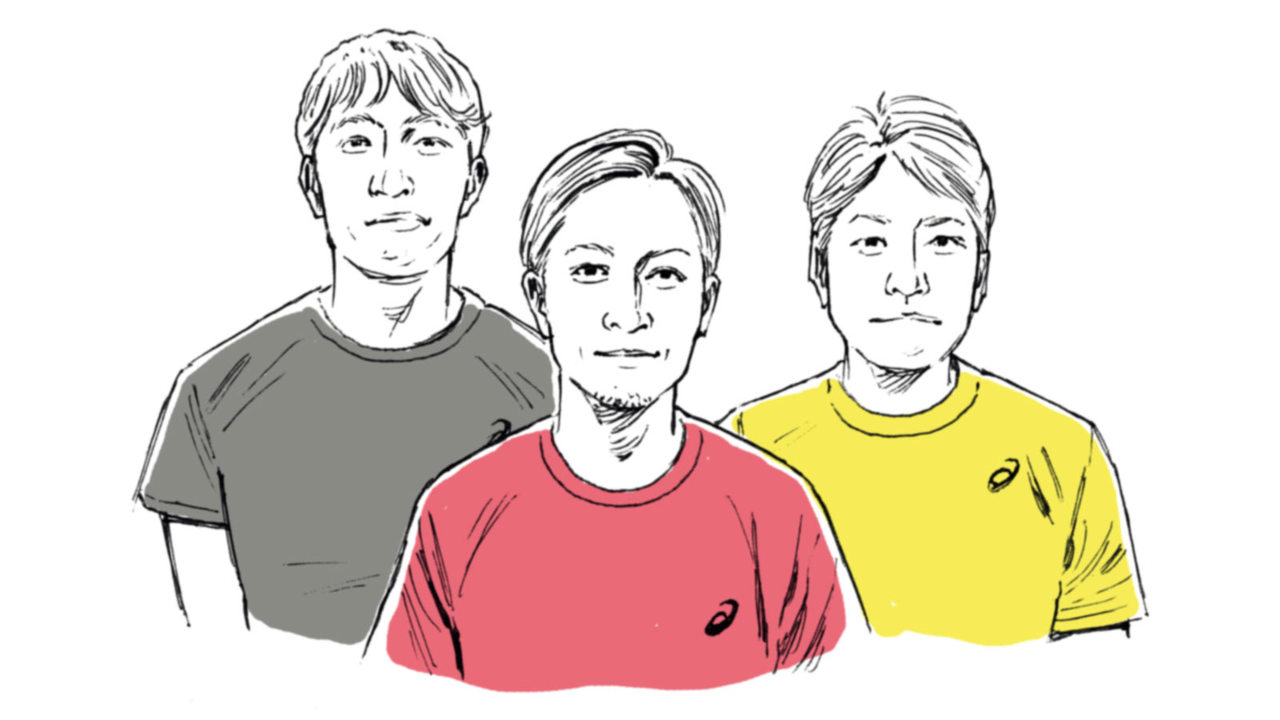 (イラスト左から)ランニングシューズフェチのライター、神津文人。1978年生まれ。ランの頻度は週1〜2回程度。年1回のハーフマラソン出場をなんとなくの目標としている。/〈アシックス〉ランニングクラブコーチの小谷浩。1982年生まれ。ビギナーから上級者まで幅広くサポート。フルのベストタイムは2時間36分37秒(2015年)。/「Tarzan Web」担当、村田竜平。1990年生まれ。3月の東京マラソンで初のフルマラソンに挑戦。《メタライド》を履いて完走。5月に腓骨骨折、ようやくランに復帰。
