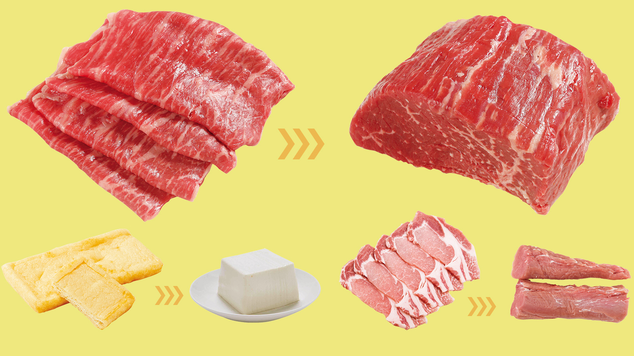 食材選びで脂質は大幅にカットできる。たとえば100gあたり、和牛サーロインを牛ももに変えると脂質は42.9gカット。豚バラを豚ヒレに変えたり、鶏もも肉も皮アリから皮ナシに、トロから赤身、油揚げから絹ごし豆腐に変えるなど、さまざまなアレンジが考えられる(画像は「<a href="/post-181357" target="_blank">選び方でこんなに変わる! 高タンパクで低脂質な食材を追求せよ</a>」より)。