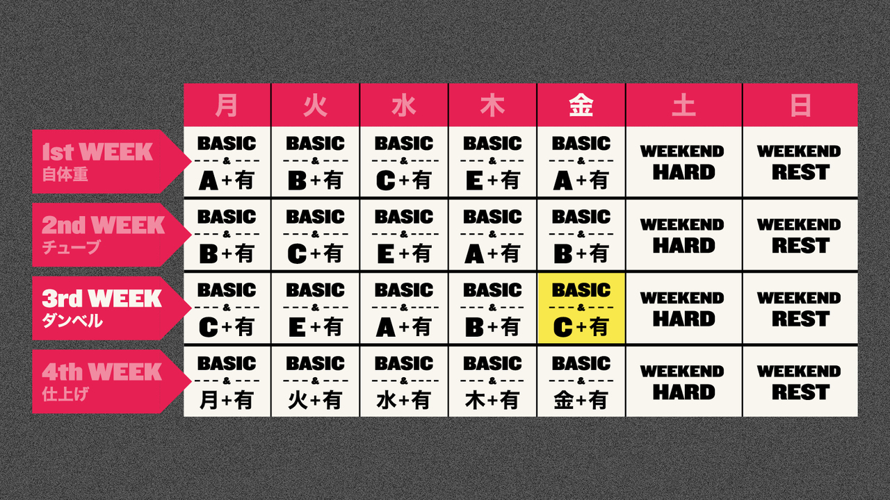2日目も、ベーシックメニュー+日替わり筋トレ+有酸素運動。