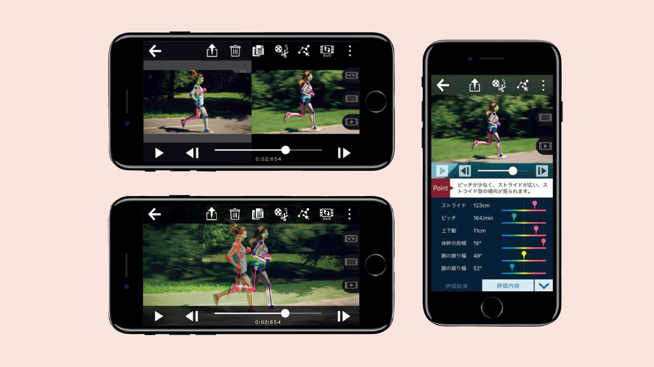 スマホで撮影したランニング映像を、AIが自動解析して関節の位置を割り出し、多くのランナーのデータや知見を活用して作成された基準に基づき評価。ストライドや上下動、左右バランスなど、ランナーの平均との比較でフィードバックが行われる。
