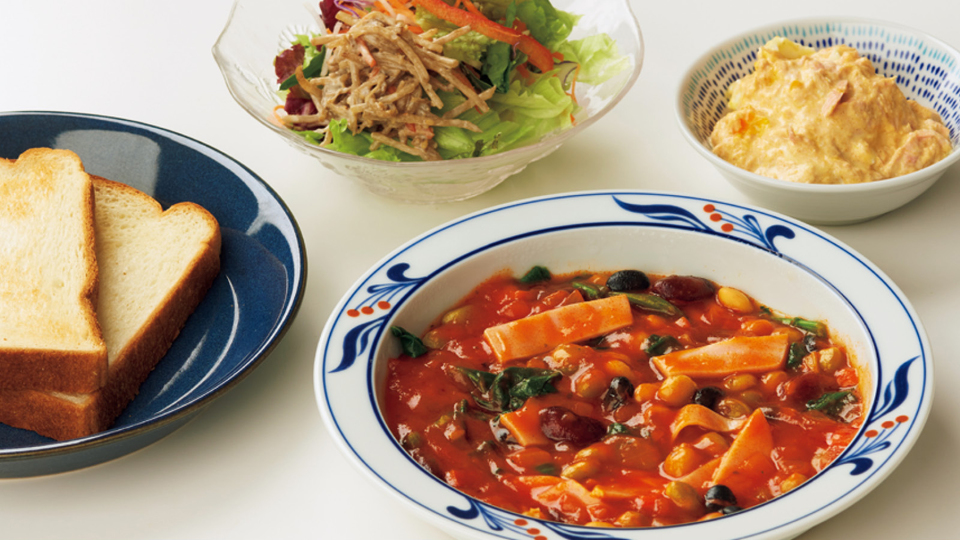 豆とホウレンソウのトマト煮&ツナタマサラダ 完成写真
