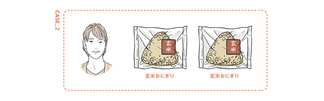 <b>ミナト(編集者・30代)のコンビニごはん</b>/打ち合わせとデスクワークをこなす中でも糖質の摂りすぎは気にしていて、ランチは玄米おにぎり2個がメイン。糖質をオフしつつ、食事のバランスをとるには?