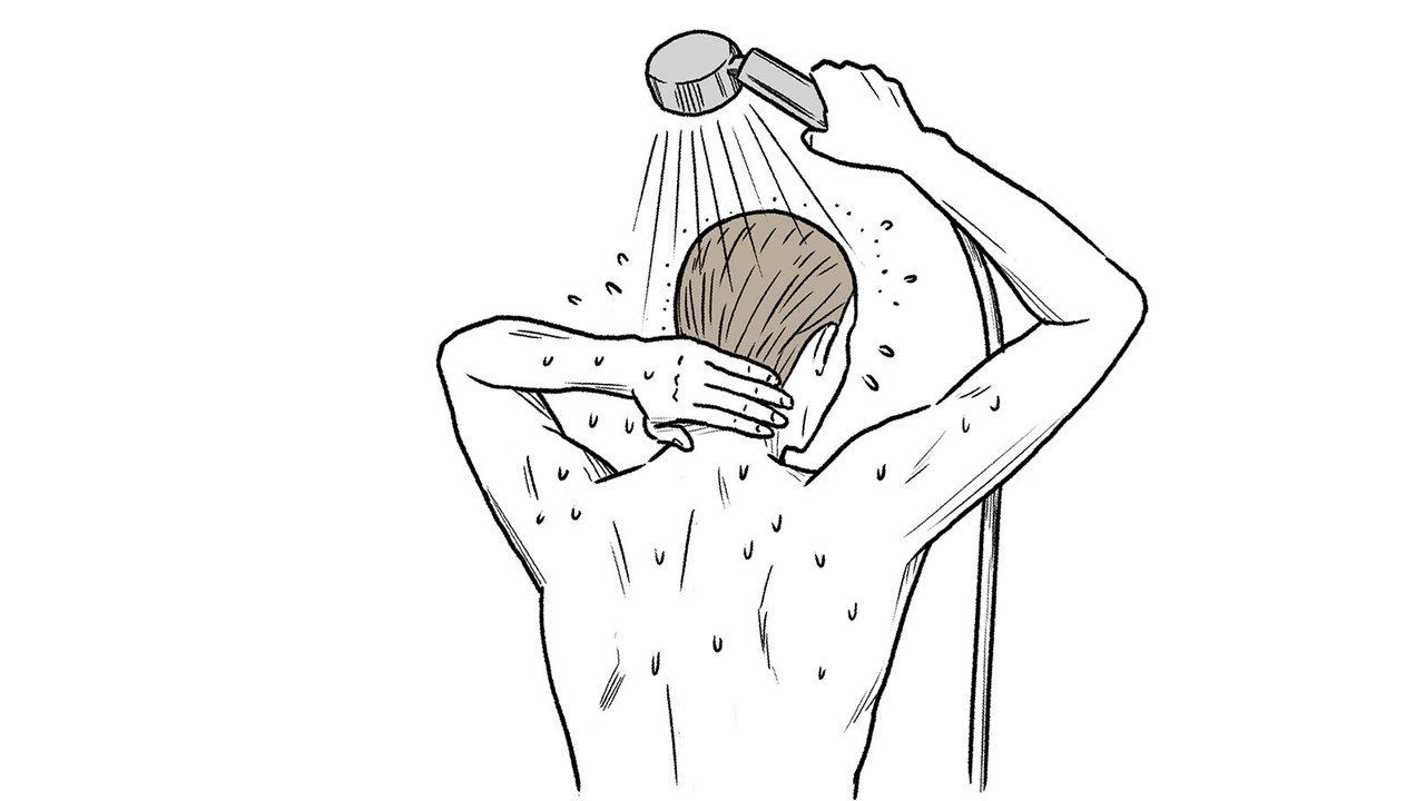 後頭部をすすぎ洗いする男性(イラスト)