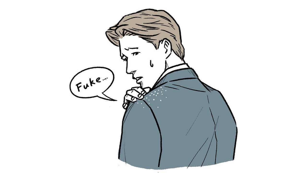 自分のフケを気にする男性のイラスト