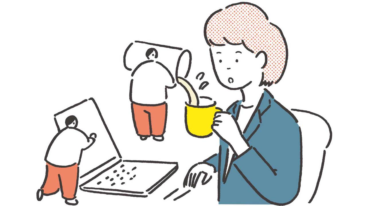 デスクワーク中にアーモンドミルクを飲む女性のイラスト