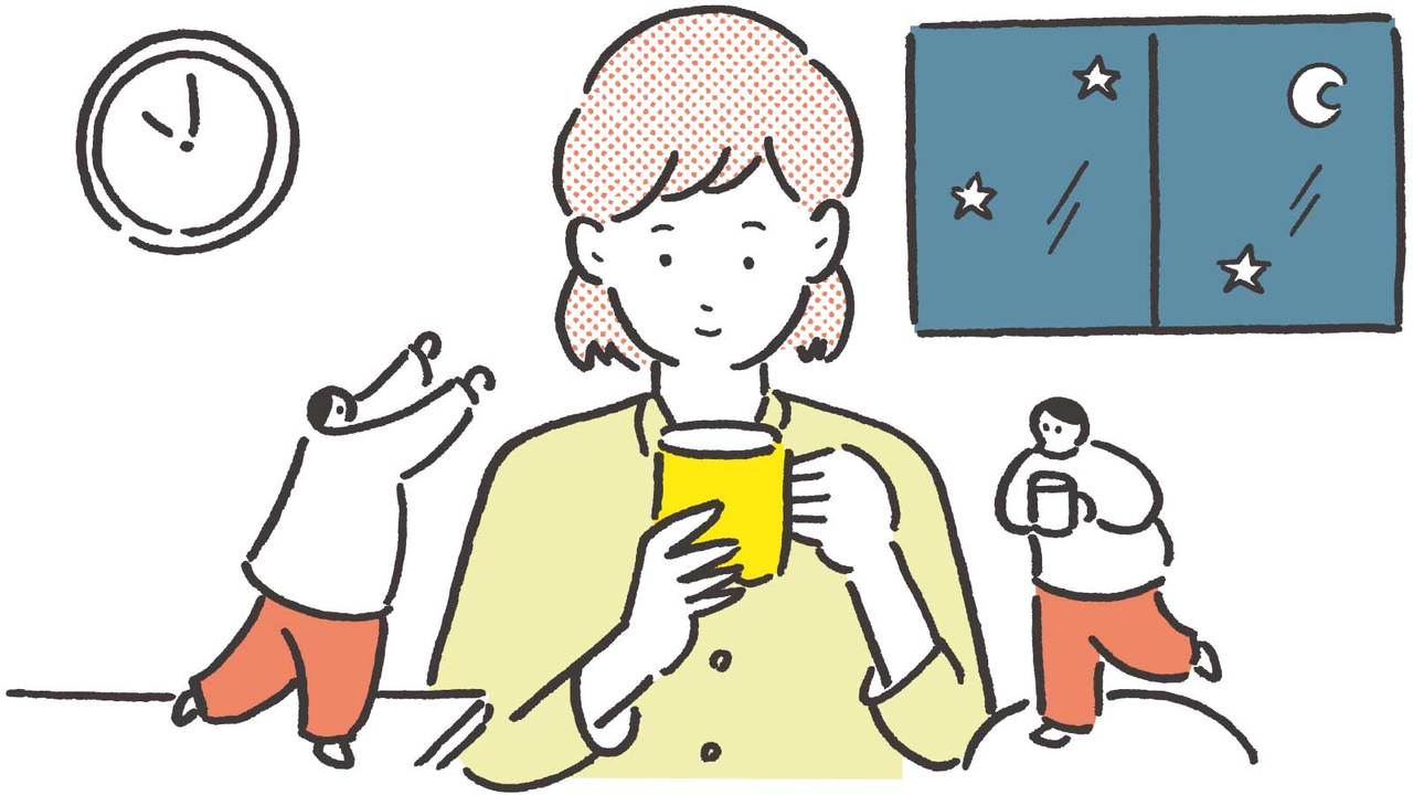 夜にアーモンドミルクを飲む女性のイラスト
