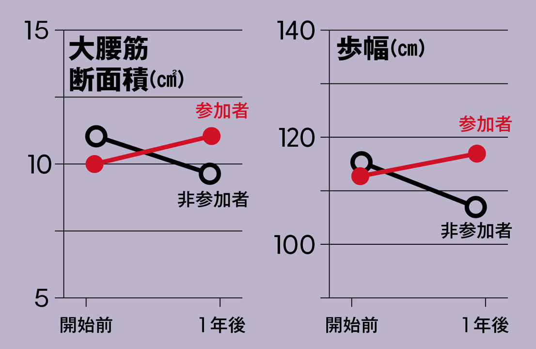 スクワットを含む筋トレを指導する教室に参加する群と対照群の比較