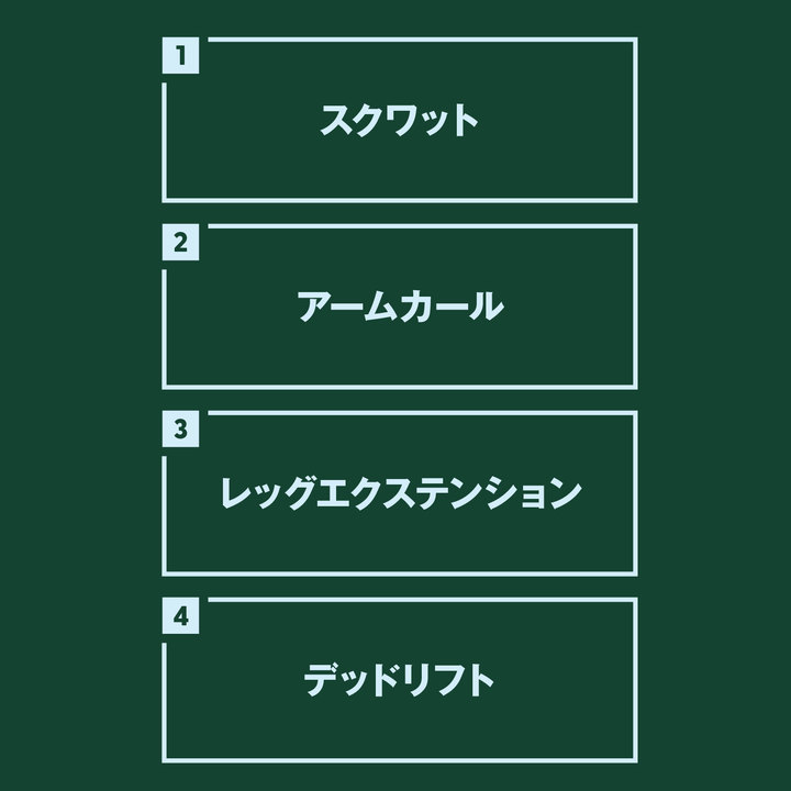 スクワット アームカール レッグエクステンション デッドリフト